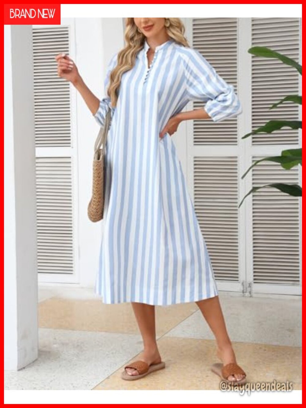 Women's 100% Cotton Striped Midi Shift Dress with Pockets - Picture 4 of 4